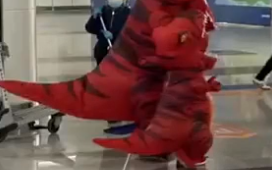 父子扮恐龙去机场接支教妈妈回家 网友：有趣的灵魂！